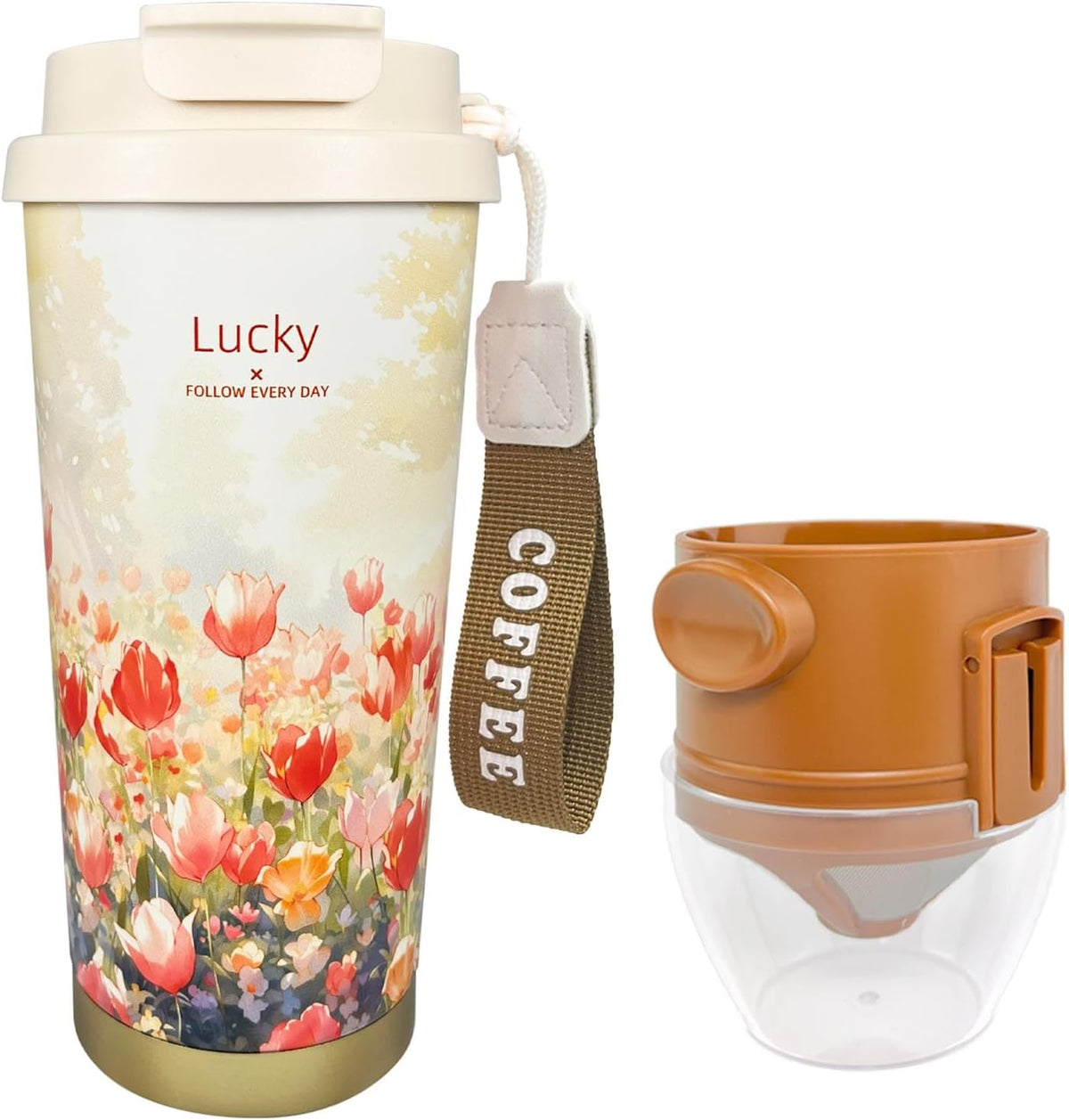 17oz Camping Coffee Makers with Ceramic Coating,Camp Pour Over Coffee Maker Set,Double Wall Vacuum Leak-Proof Mug for Office School Party Camping,Tea Infuser Mug for Loose Leaf Tea (17oz Lucky)