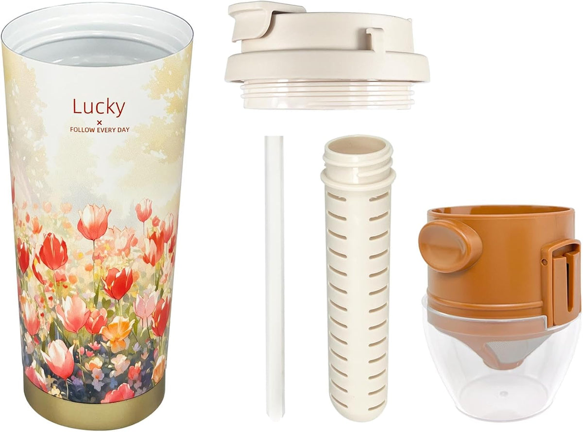 17oz Camping Coffee Makers with Ceramic Coating,Camp Pour Over Coffee Maker Set,Double Wall Vacuum Leak-Proof Mug for Office School Party Camping,Tea Infuser Mug for Loose Leaf Tea (17oz Lucky)