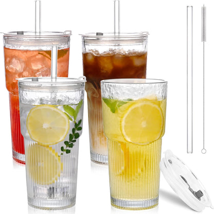 4PCS Glass Tumblers with Lids and Straws,20oz Glass Cups with Lids and Straws,Iced Coffee Cups with Lid,Drinking Glasses for Juice, Smoothies