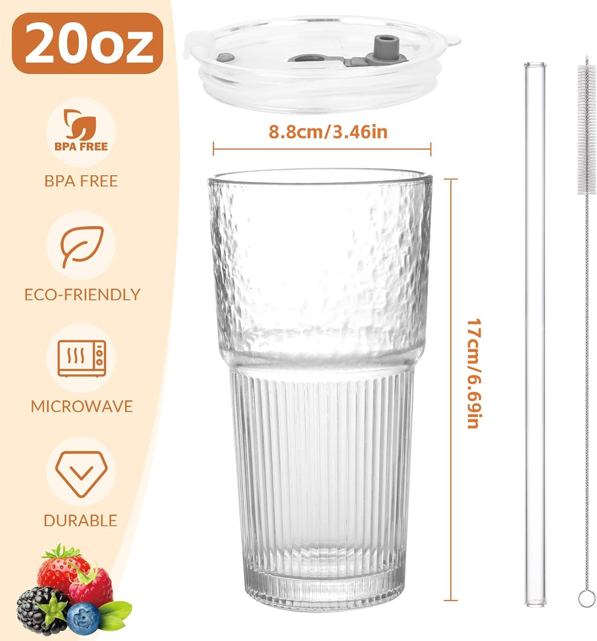 4PCS Glass Tumblers with Lids and Straws,20oz Glass Cups with Lids and Straws,Iced Coffee Cups with Lid,Drinking Glasses for Juice, Smoothies