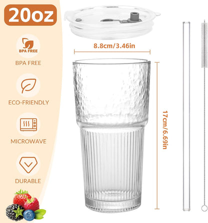 4PCS Glass Tumblers with Lids and Straws,20oz Glass Cups with Lids and Straws,Iced Coffee Cups with Lid,Drinking Glasses for Juice, Smoothies