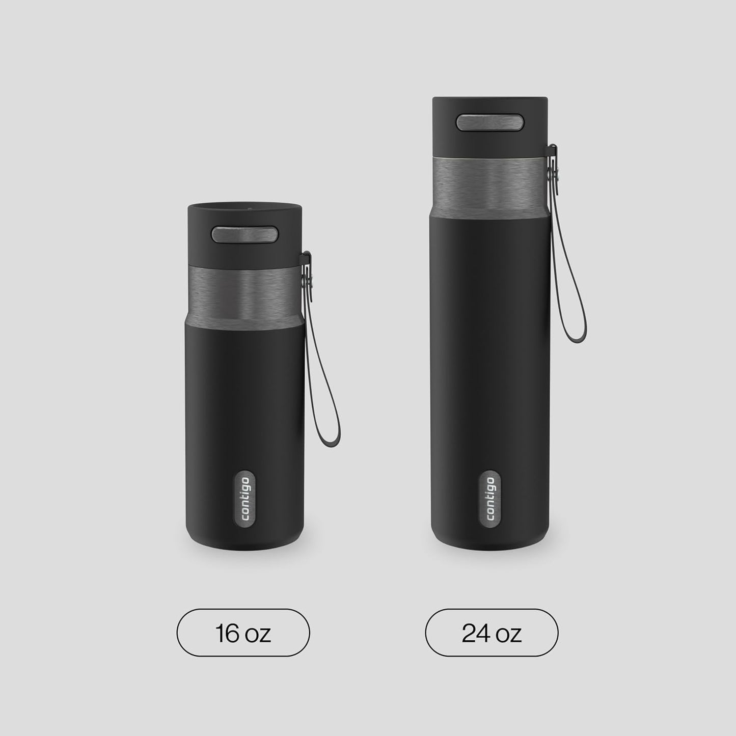 AutoSeal 24 oz Stainless Steel Vacuum-Insulated Water Bottle with Leakproof Push-Button Spout & Lock, Carry Strap, BPA-Free & Lead-Free, Dishwasher Safe