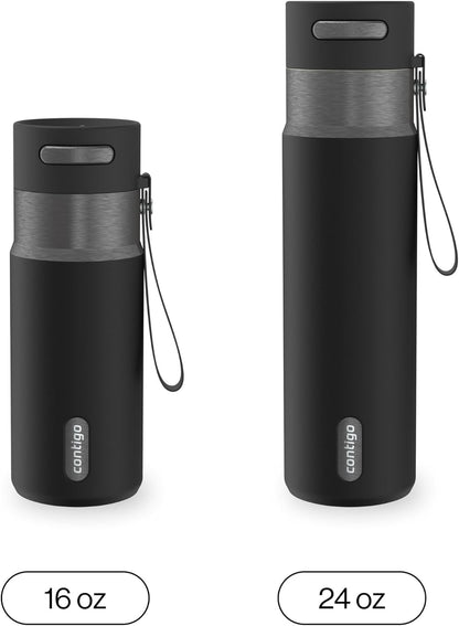 AutoSeal 24 oz Stainless Steel Vacuum-Insulated Water Bottle with Leakproof Push-Button Spout & Lock, Carry Strap, BPA-Free & Lead-Free, Dishwasher Safe