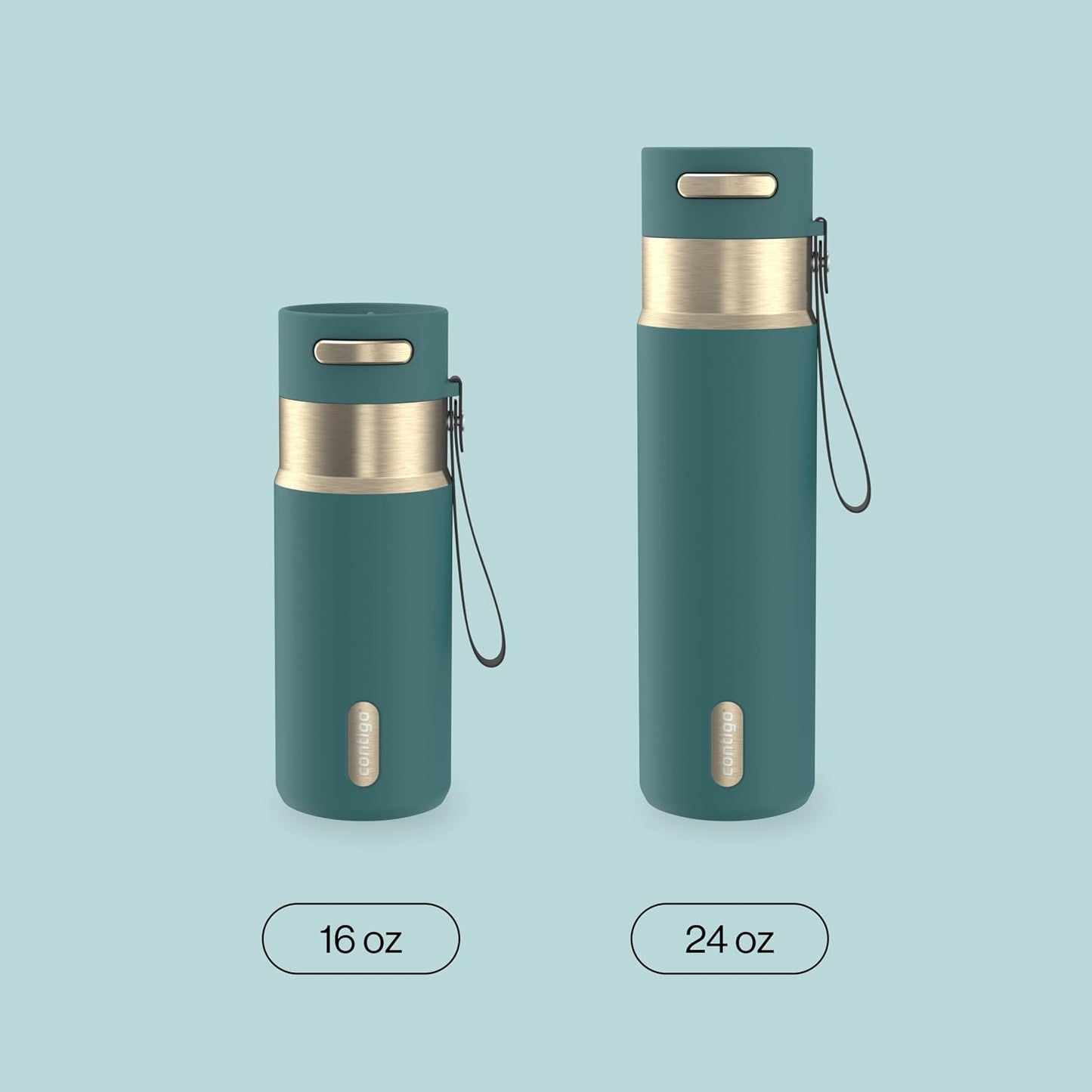 AutoSeal 24 oz Stainless Steel Vacuum-Insulated Water Bottle with Leakproof Push-Button Spout & Lock, Carry Strap, BPA-Free & Lead-Free, Dishwasher Safe