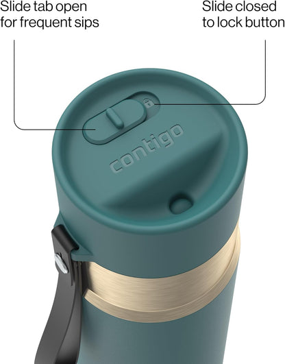 AutoSeal 24 oz Stainless Steel Vacuum-Insulated Water Bottle with Leakproof Push-Button Spout & Lock, Carry Strap, BPA-Free & Lead-Free, Dishwasher Safe