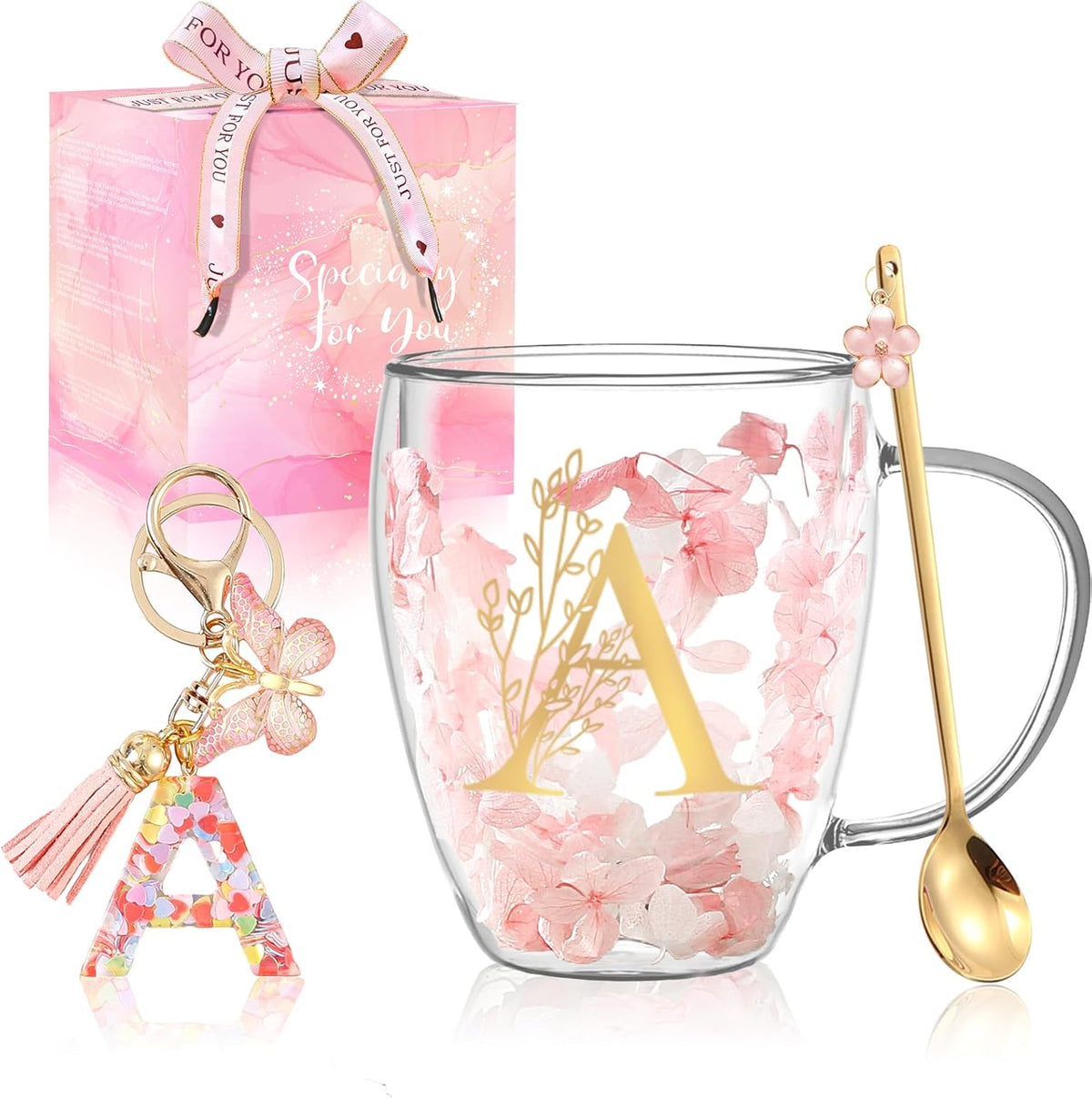 Personalized Gifts for Women Cute Double Wall Glass Coffee Mug Tea Cup with Spoon Customized Birthday Valentine Friendship Christmas Galentines Day Gifts for Women Her Sister Friends BFF Besties (B)