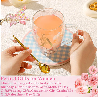 Personalized Gifts for Women Cute Double Wall Glass Coffee Mug Tea Cup with Spoon Customized Birthday Valentine Friendship Christmas Galentines Day Gifts for Women Her Sister Friends BFF Besties (B)