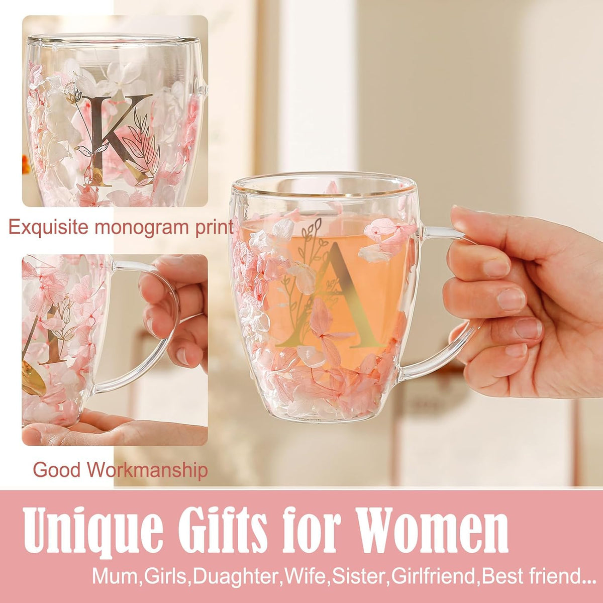 Personalized Gifts for Women Cute Double Wall Glass Coffee Mug Tea Cup with Spoon Customized Birthday Valentine Friendship Christmas Galentines Day Gifts for Women Her Sister Friends BFF Besties (B)