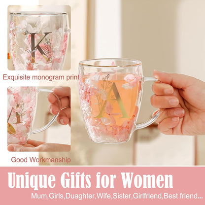 Personalized Gifts for Women Cute Double Wall Glass Coffee Mug Tea Cup with Spoon Customized Birthday Valentine Friendship Christmas Galentines Day Gifts for Women Her Sister Friends BFF Besties (B)