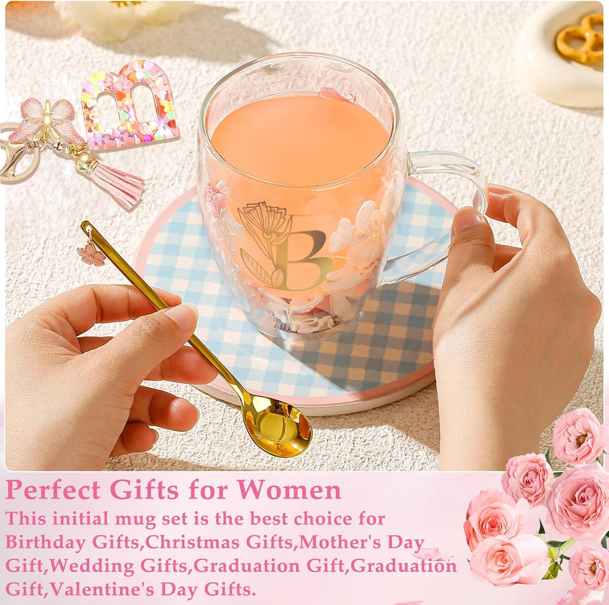 Personalized Gifts for Women Cute Double Wall Glass Coffee Mug Tea Cup with Spoon Customized Birthday Valentine Friendship Christmas Galentines Day Gifts for Women Her Sister Friends BFF Besties (B)