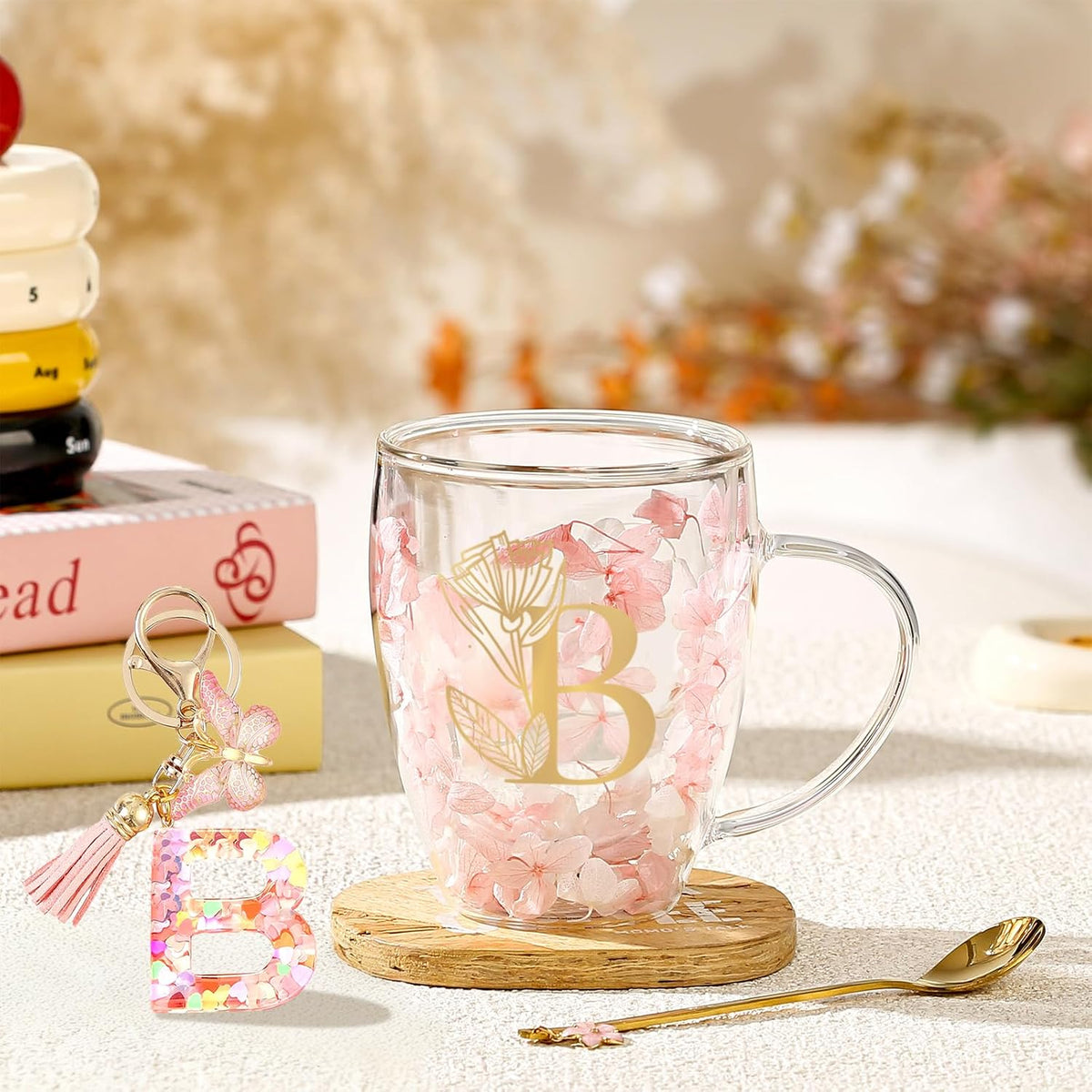 Personalized Gifts for Women Cute Double Wall Glass Coffee Mug Tea Cup with Spoon Customized Birthday Valentine Friendship Christmas Galentines Day Gifts for Women Her Sister Friends BFF Besties (B)