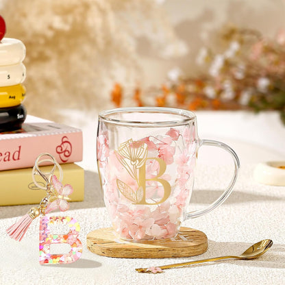 Personalized Gifts for Women Cute Double Wall Glass Coffee Mug Tea Cup with Spoon Customized Birthday Valentine Friendship Christmas Galentines Day Gifts for Women Her Sister Friends BFF Besties (B)