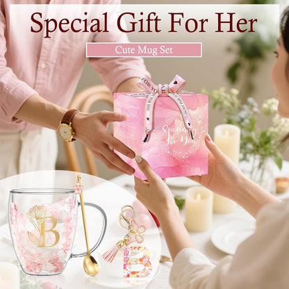 Personalized Gifts for Women Cute Double Wall Glass Coffee Mug Tea Cup with Spoon Customized Birthday Valentine Friendship Christmas Galentines Day Gifts for Women Her Sister Friends BFF Besties (B)