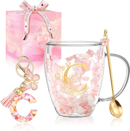 Personalized Gifts for Women Cute Double Wall Glass Coffee Mug Tea Cup with Spoon Customized Birthday Valentine Friendship Christmas Galentines Day Gifts for Women Her Sister Friends BFF Besties (B)