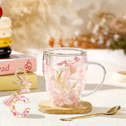 Personalized Gifts for Women Cute Double Wall Glass Coffee Mug Tea Cup with Spoon Customized Birthday Valentine Friendship Christmas Galentines Day Gifts for Women Her Sister Friends BFF Besties (B)