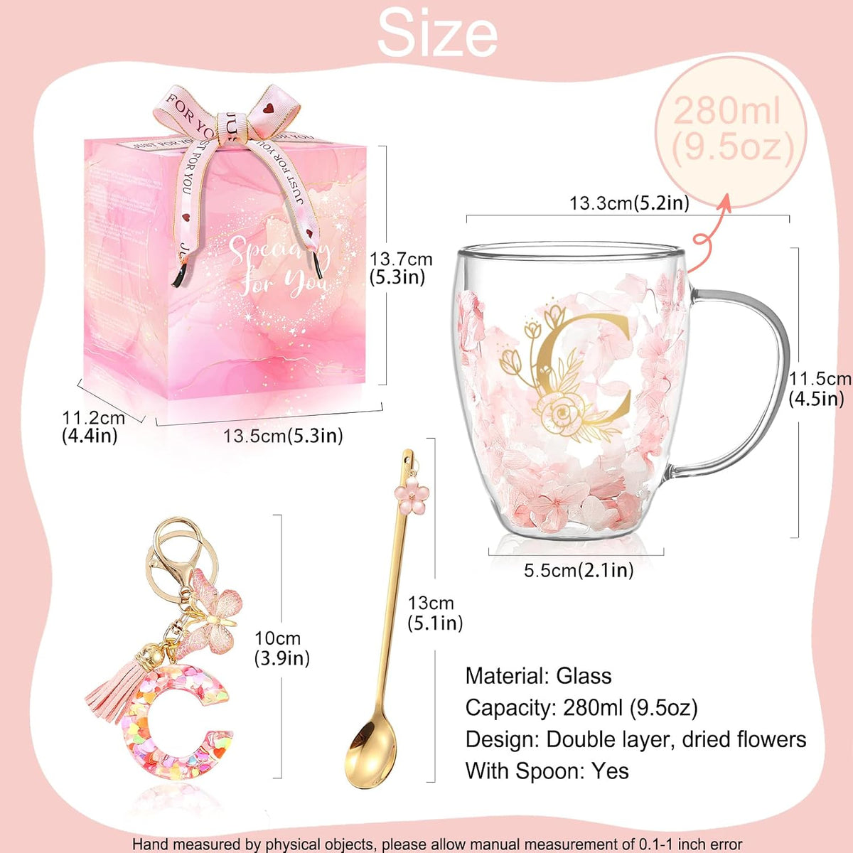 Personalized Gifts for Women Cute Double Wall Glass Coffee Mug Tea Cup with Spoon Customized Birthday Valentine Friendship Christmas Galentines Day Gifts for Women Her Sister Friends BFF Besties (B)