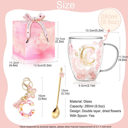 Personalized Gifts for Women Cute Double Wall Glass Coffee Mug Tea Cup with Spoon Customized Birthday Valentine Friendship Christmas Galentines Day Gifts for Women Her Sister Friends BFF Besties (B)
