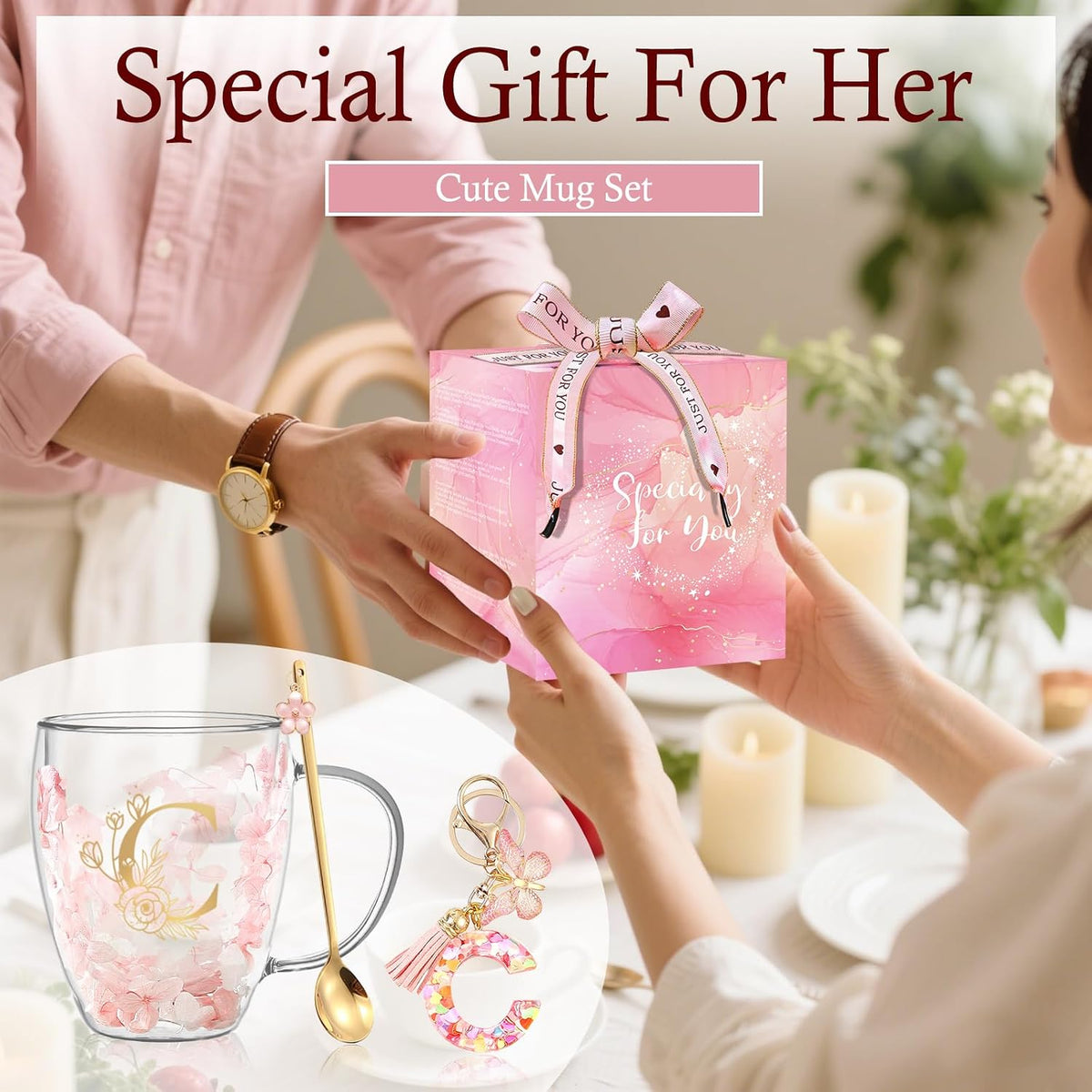 Personalized Gifts for Women Cute Double Wall Glass Coffee Mug Tea Cup with Spoon Customized Birthday Valentine Friendship Christmas Galentines Day Gifts for Women Her Sister Friends BFF Besties (B)