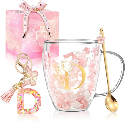 Personalized Gifts for Women Cute Double Wall Glass Coffee Mug Tea Cup with Spoon Customized Birthday Valentine Friendship Christmas Galentines Day Gifts for Women Her Sister Friends BFF Besties (B)