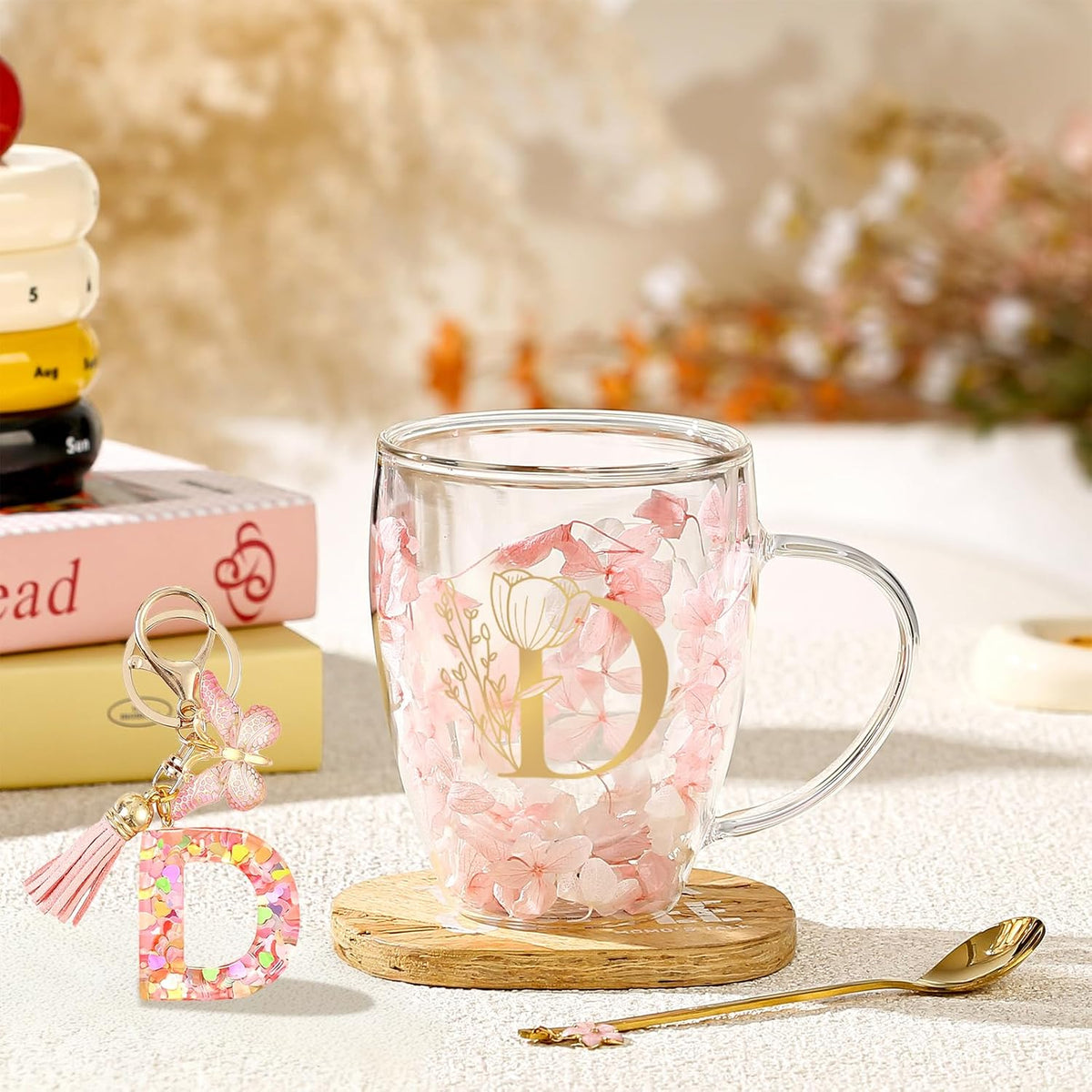 Personalized Gifts for Women Cute Double Wall Glass Coffee Mug Tea Cup with Spoon Customized Birthday Valentine Friendship Christmas Galentines Day Gifts for Women Her Sister Friends BFF Besties (B)
