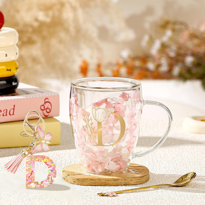 Personalized Gifts for Women Cute Double Wall Glass Coffee Mug Tea Cup with Spoon Customized Birthday Valentine Friendship Christmas Galentines Day Gifts for Women Her Sister Friends BFF Besties (B)
