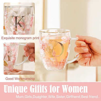 Personalized Gifts for Women Cute Double Wall Glass Coffee Mug Tea Cup with Spoon Customized Birthday Valentine Friendship Christmas Galentines Day Gifts for Women Her Sister Friends BFF Besties (B)