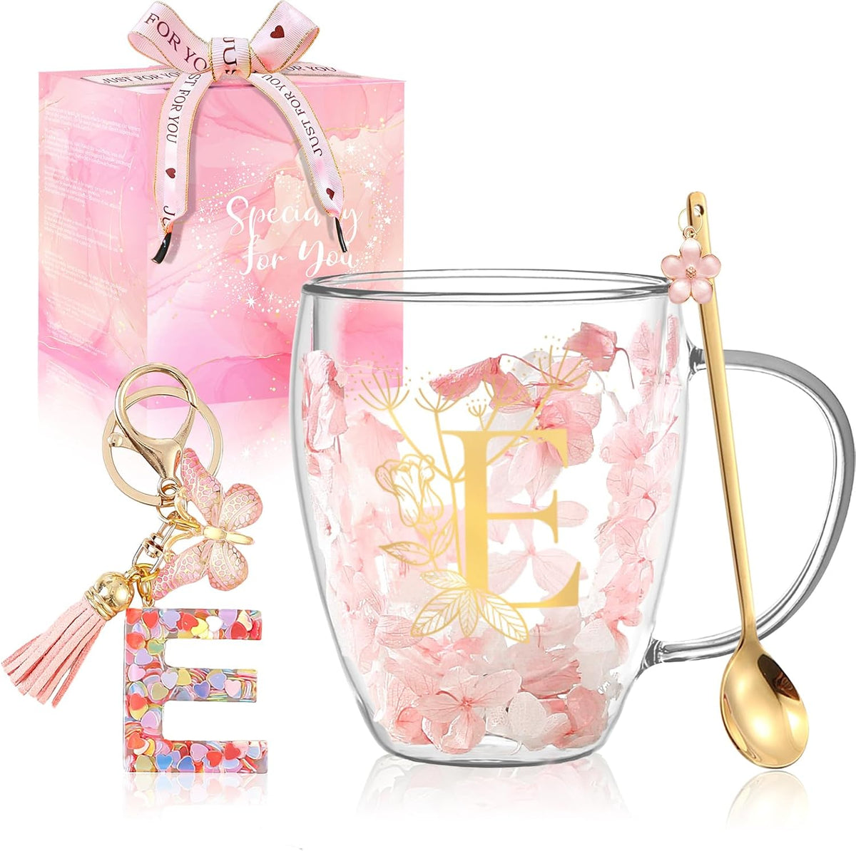 Personalized Gifts for Women Cute Double Wall Glass Coffee Mug Tea Cup with Spoon Customized Birthday Valentine Friendship Christmas Galentines Day Gifts for Women Her Sister Friends BFF Besties (B)
