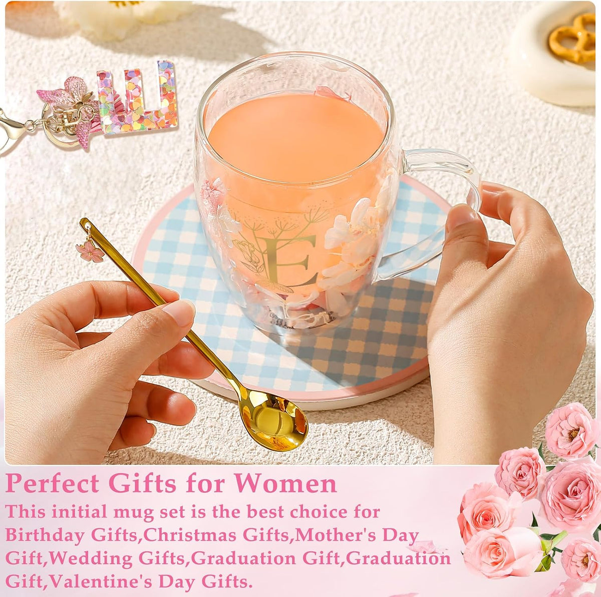 Personalized Gifts for Women Cute Double Wall Glass Coffee Mug Tea Cup with Spoon Customized Birthday Valentine Friendship Christmas Galentines Day Gifts for Women Her Sister Friends BFF Besties (B)