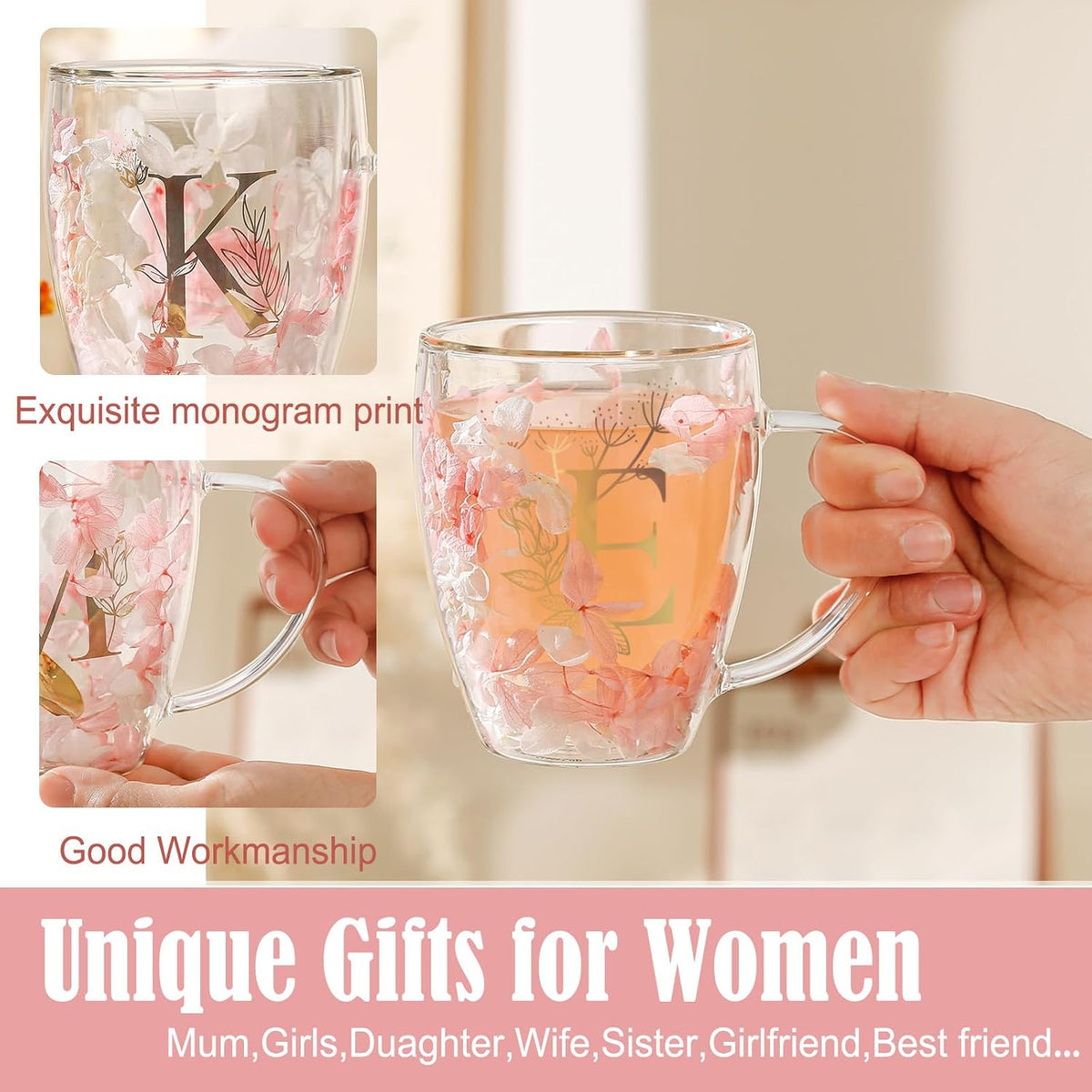 Personalized Gifts for Women Cute Double Wall Glass Coffee Mug Tea Cup with Spoon Customized Birthday Valentine Friendship Christmas Galentines Day Gifts for Women Her Sister Friends BFF Besties (B)