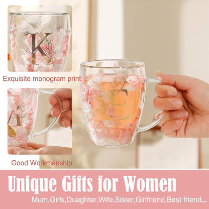 Personalized Gifts for Women Cute Double Wall Glass Coffee Mug Tea Cup with Spoon Customized Birthday Valentine Friendship Christmas Galentines Day Gifts for Women Her Sister Friends BFF Besties (B)