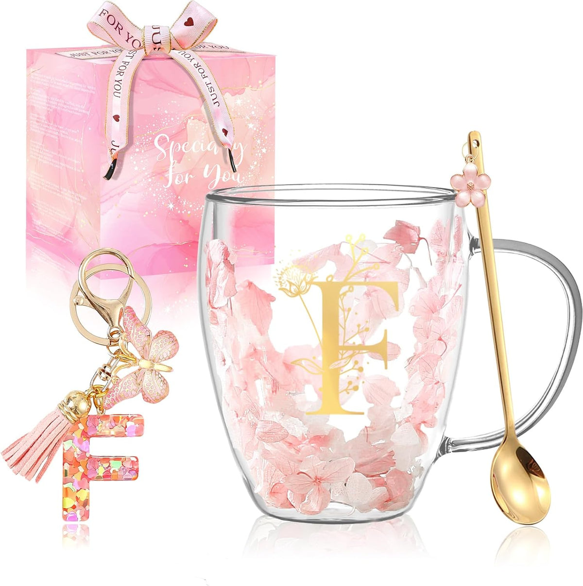 Personalized Gifts for Women Cute Double Wall Glass Coffee Mug Tea Cup with Spoon Customized Birthday Valentine Friendship Christmas Galentines Day Gifts for Women Her Sister Friends BFF Besties (B)