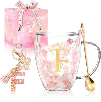 Personalized Gifts for Women Cute Double Wall Glass Coffee Mug Tea Cup with Spoon Customized Birthday Valentine Friendship Christmas Galentines Day Gifts for Women Her Sister Friends BFF Besties (B)