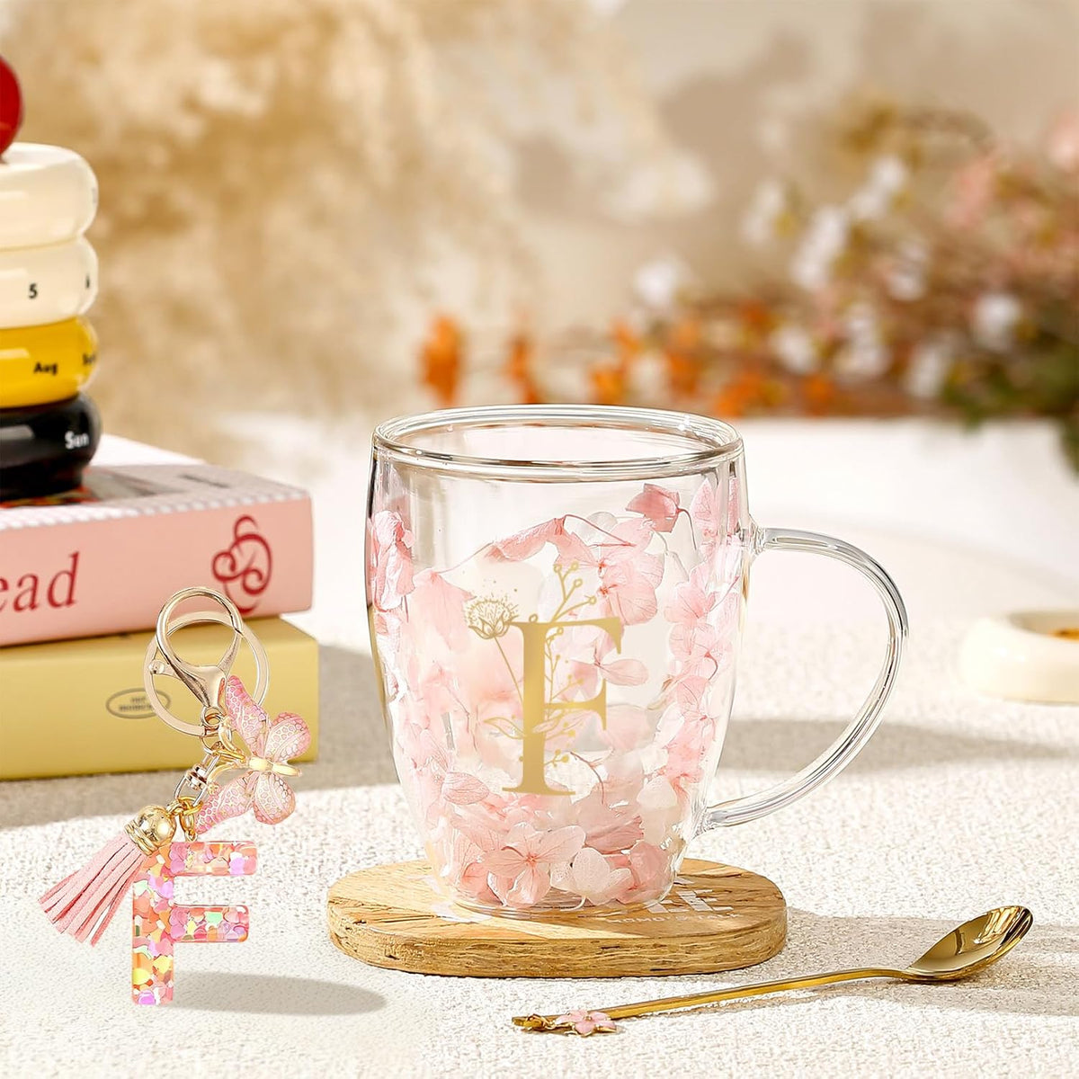 Personalized Gifts for Women Cute Double Wall Glass Coffee Mug Tea Cup with Spoon Customized Birthday Valentine Friendship Christmas Galentines Day Gifts for Women Her Sister Friends BFF Besties (B)