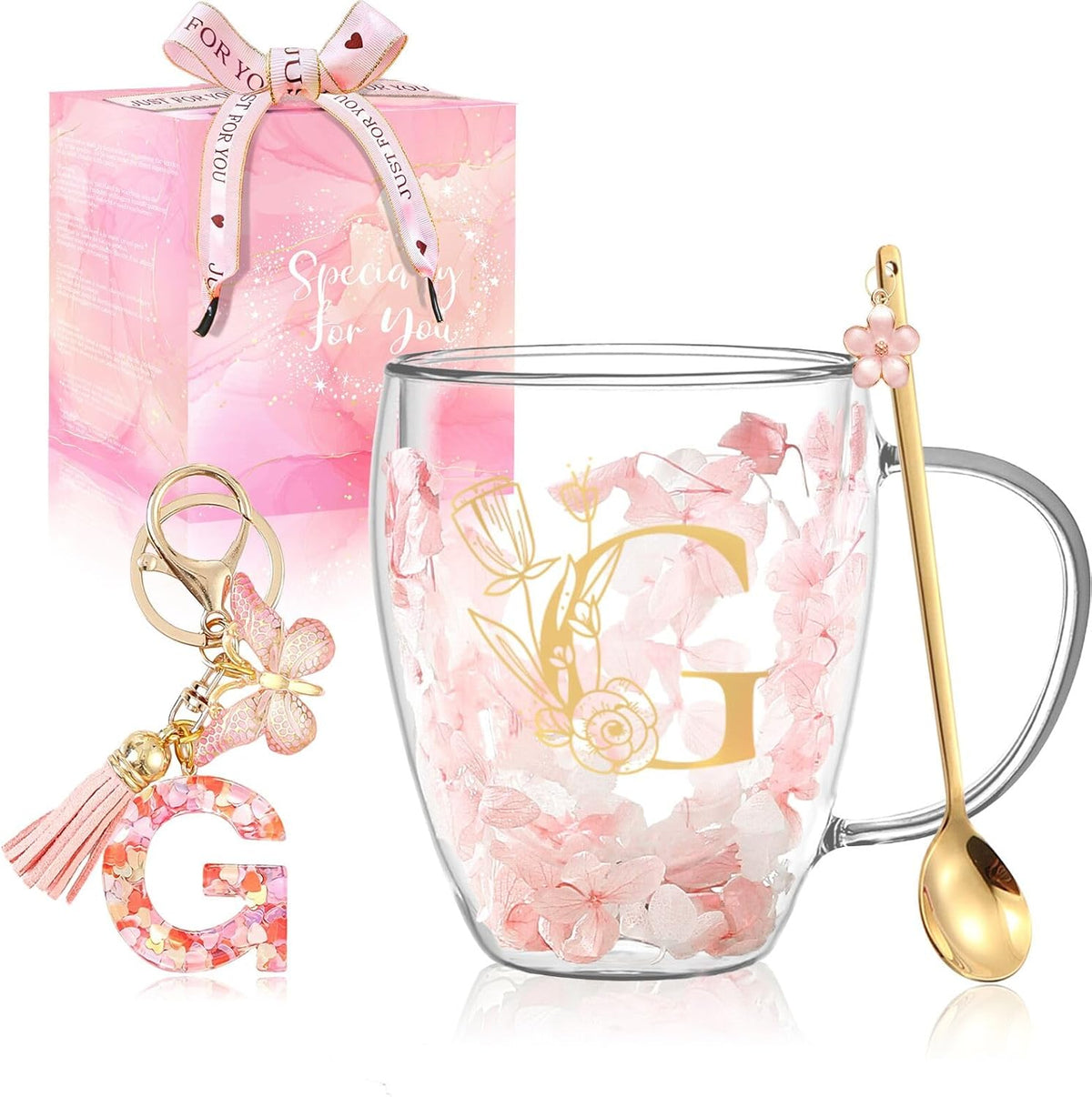 Personalized Gifts for Women Cute Double Wall Glass Coffee Mug Tea Cup with Spoon Customized Birthday Valentine Friendship Christmas Galentines Day Gifts for Women Her Sister Friends BFF Besties (B)