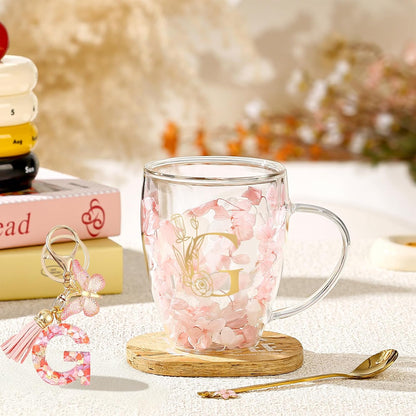 Personalized Gifts for Women Cute Double Wall Glass Coffee Mug Tea Cup with Spoon Customized Birthday Valentine Friendship Christmas Galentines Day Gifts for Women Her Sister Friends BFF Besties (B)