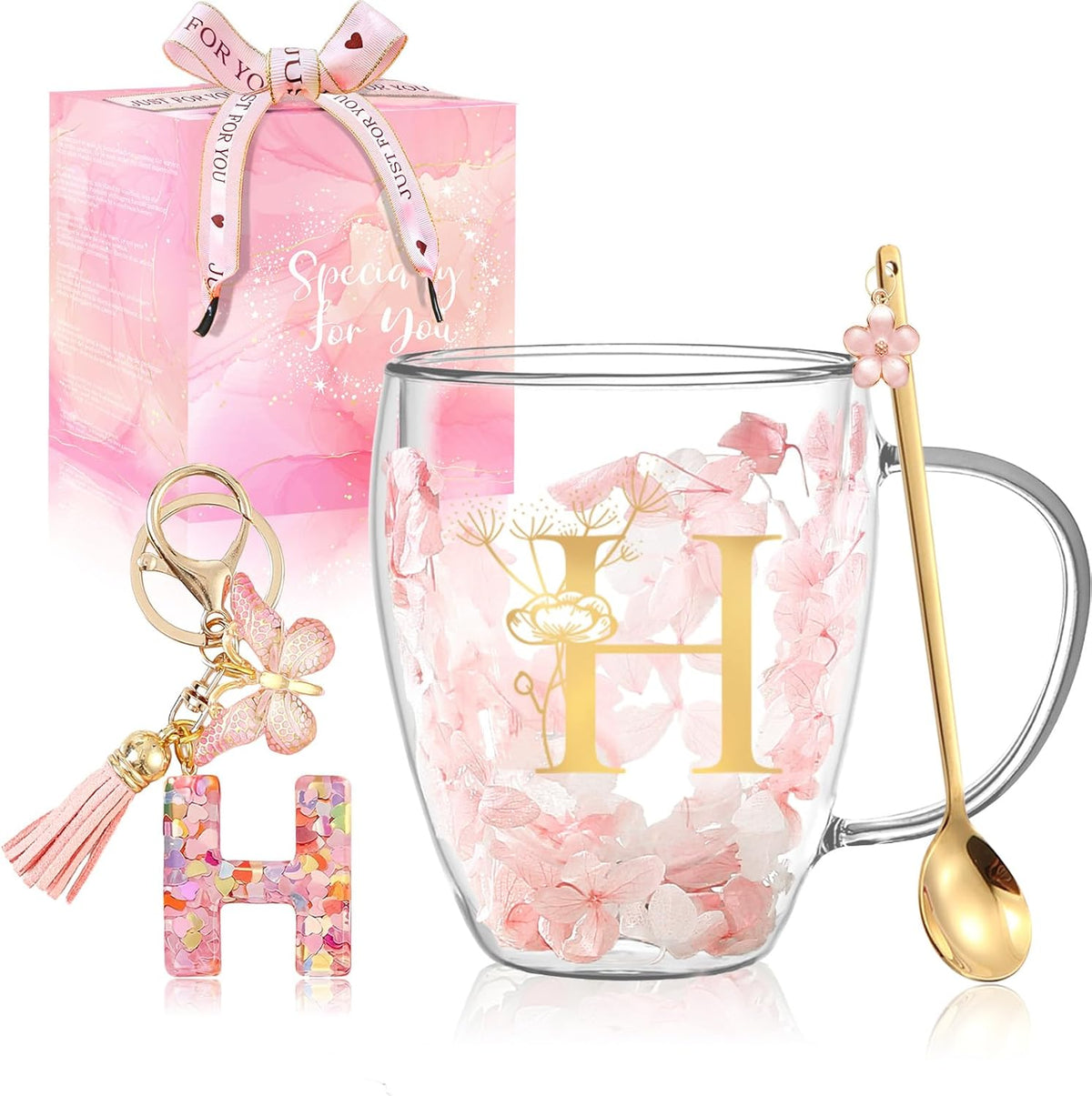 Personalized Gifts for Women Cute Double Wall Glass Coffee Mug Tea Cup with Spoon Customized Birthday Valentine Friendship Christmas Galentines Day Gifts for Women Her Sister Friends BFF Besties (B)