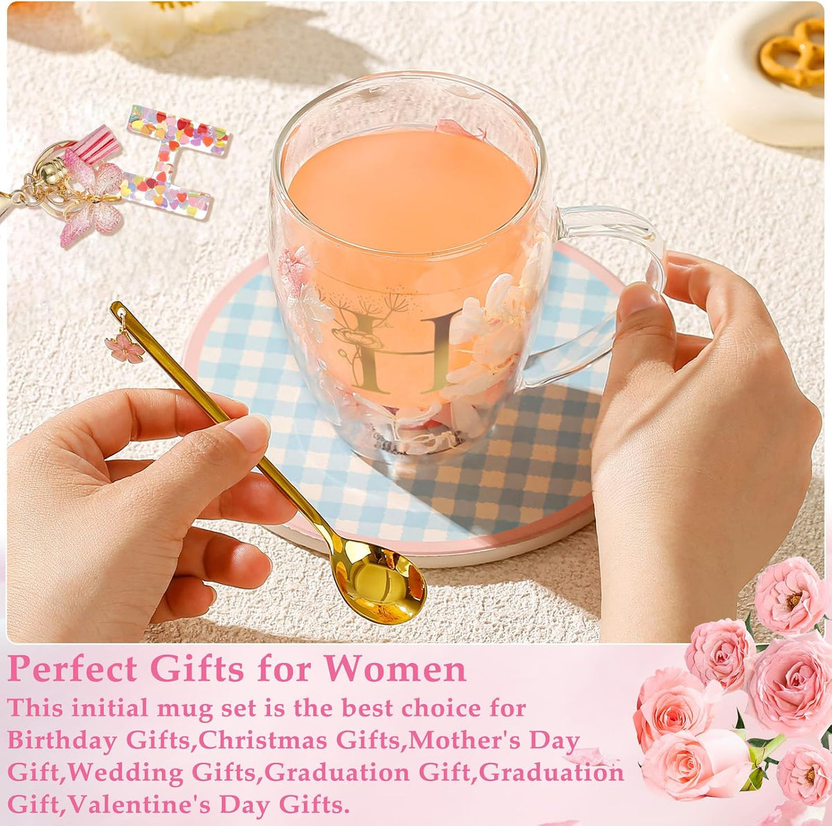 Personalized Gifts for Women Cute Double Wall Glass Coffee Mug Tea Cup with Spoon Customized Birthday Valentine Friendship Christmas Galentines Day Gifts for Women Her Sister Friends BFF Besties (B)