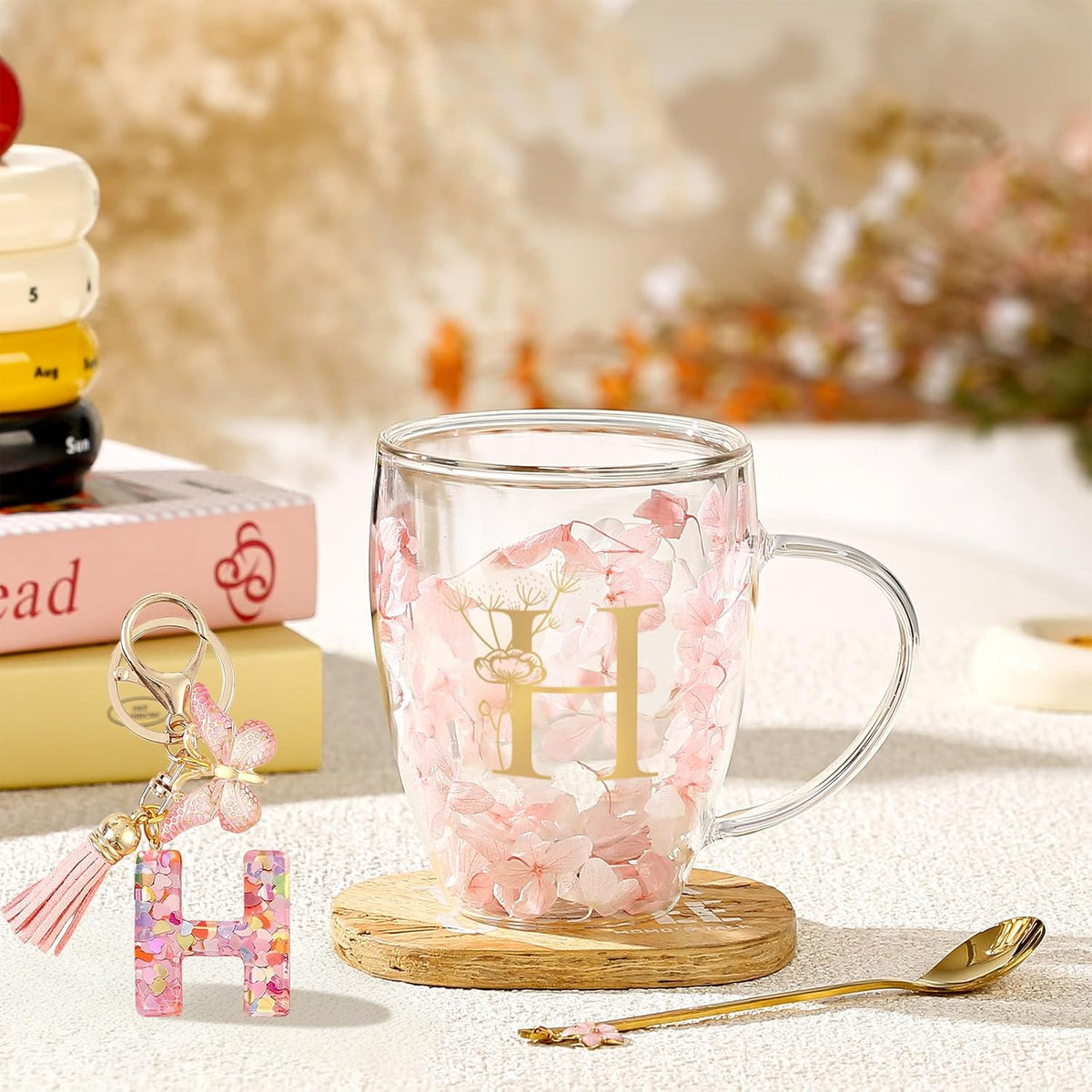 Personalized Gifts for Women Cute Double Wall Glass Coffee Mug Tea Cup with Spoon Customized Birthday Valentine Friendship Christmas Galentines Day Gifts for Women Her Sister Friends BFF Besties (B)