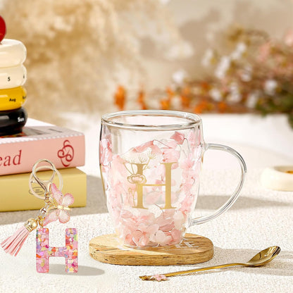 Personalized Gifts for Women Cute Double Wall Glass Coffee Mug Tea Cup with Spoon Customized Birthday Valentine Friendship Christmas Galentines Day Gifts for Women Her Sister Friends BFF Besties (B)
