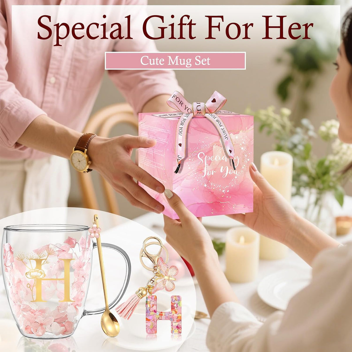 Personalized Gifts for Women Cute Double Wall Glass Coffee Mug Tea Cup with Spoon Customized Birthday Valentine Friendship Christmas Galentines Day Gifts for Women Her Sister Friends BFF Besties (B)