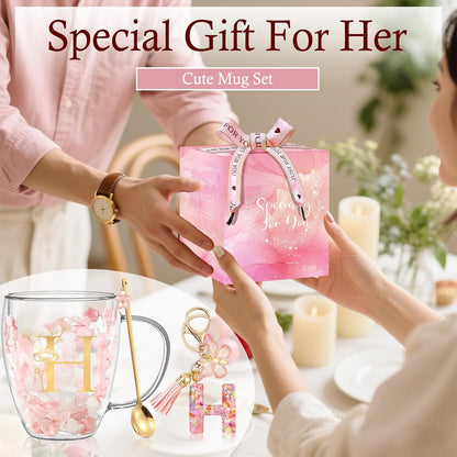 Personalized Gifts for Women Cute Double Wall Glass Coffee Mug Tea Cup with Spoon Customized Birthday Valentine Friendship Christmas Galentines Day Gifts for Women Her Sister Friends BFF Besties (B)