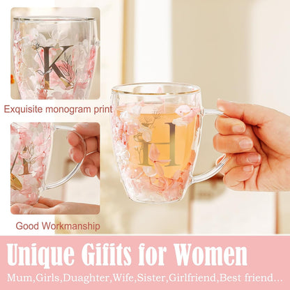 Personalized Gifts for Women Cute Double Wall Glass Coffee Mug Tea Cup with Spoon Customized Birthday Valentine Friendship Christmas Galentines Day Gifts for Women Her Sister Friends BFF Besties (B)