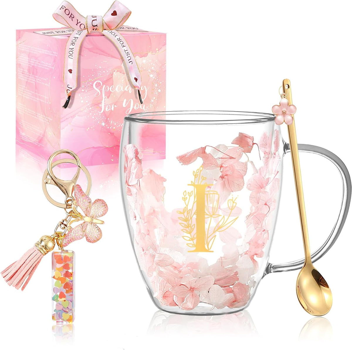 Personalized Gifts for Women Cute Double Wall Glass Coffee Mug Tea Cup with Spoon Customized Birthday Valentine Friendship Christmas Galentines Day Gifts for Women Her Sister Friends BFF Besties (B)