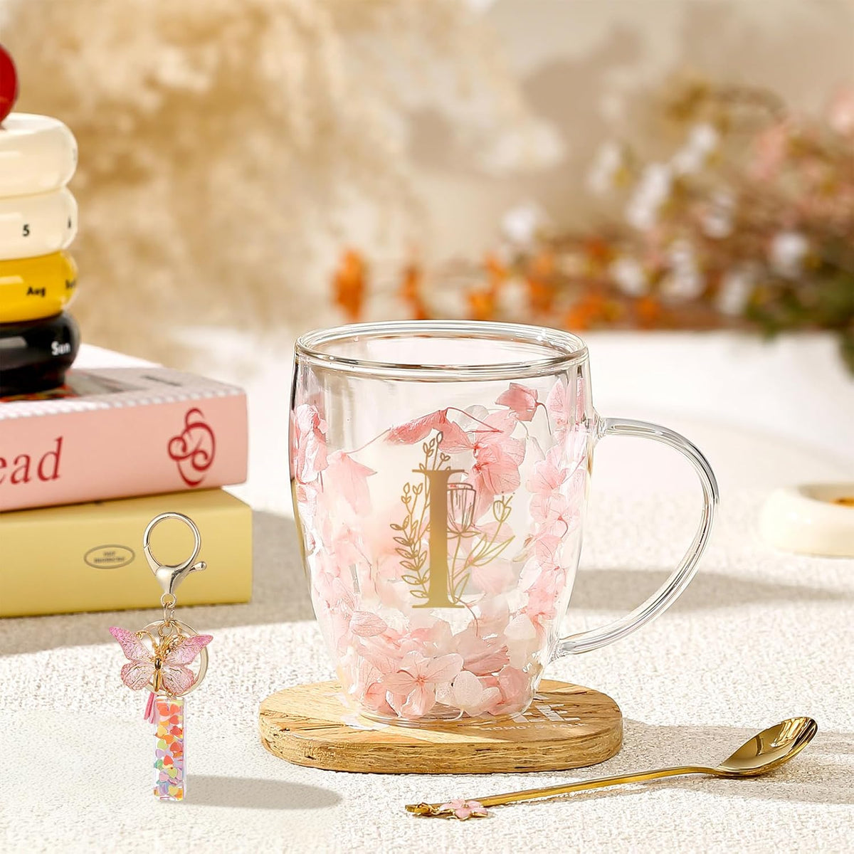 Personalized Gifts for Women Cute Double Wall Glass Coffee Mug Tea Cup with Spoon Customized Birthday Valentine Friendship Christmas Galentines Day Gifts for Women Her Sister Friends BFF Besties (B)