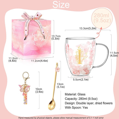 Personalized Gifts for Women Cute Double Wall Glass Coffee Mug Tea Cup with Spoon Customized Birthday Valentine Friendship Christmas Galentines Day Gifts for Women Her Sister Friends BFF Besties (B)