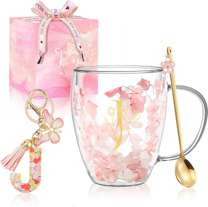 Personalized Gifts for Women Cute Double Wall Glass Coffee Mug Tea Cup with Spoon Customized Birthday Valentine Friendship Christmas Galentines Day Gifts for Women Her Sister Friends BFF Besties (B)