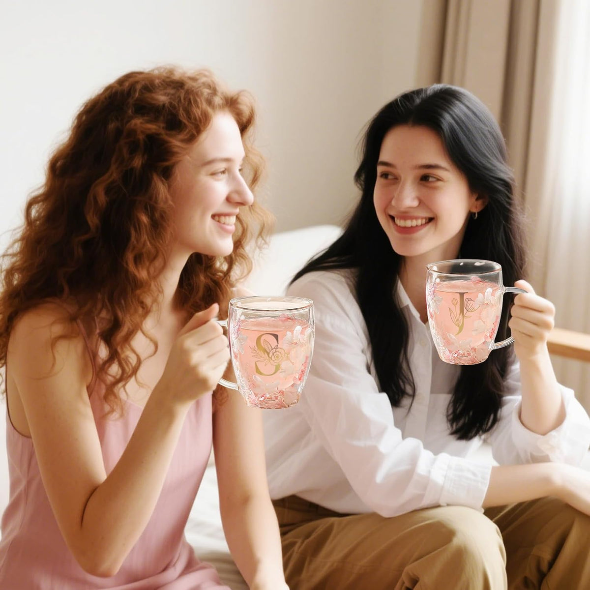 Personalized Gifts for Women Cute Double Wall Glass Coffee Mug Tea Cup with Spoon Customized Birthday Valentine Friendship Christmas Galentines Day Gifts for Women Her Sister Friends BFF Besties (B)