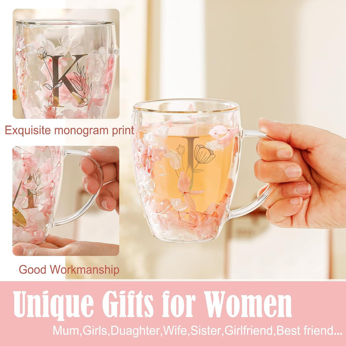 Personalized Gifts for Women Cute Double Wall Glass Coffee Mug Tea Cup with Spoon Customized Birthday Valentine Friendship Christmas Galentines Day Gifts for Women Her Sister Friends BFF Besties (B)
