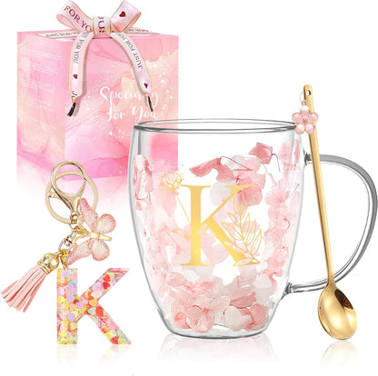 Personalized Gifts for Women Cute Double Wall Glass Coffee Mug Tea Cup with Spoon Customized Birthday Valentine Friendship Christmas Galentines Day Gifts for Women Her Sister Friends BFF Besties (B)
