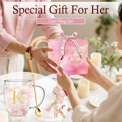 Personalized Gifts for Women Cute Double Wall Glass Coffee Mug Tea Cup with Spoon Customized Birthday Valentine Friendship Christmas Galentines Day Gifts for Women Her Sister Friends BFF Besties (B)